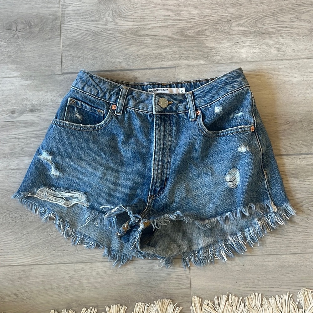 Garage Distressed Blue Denim Jean Shorts